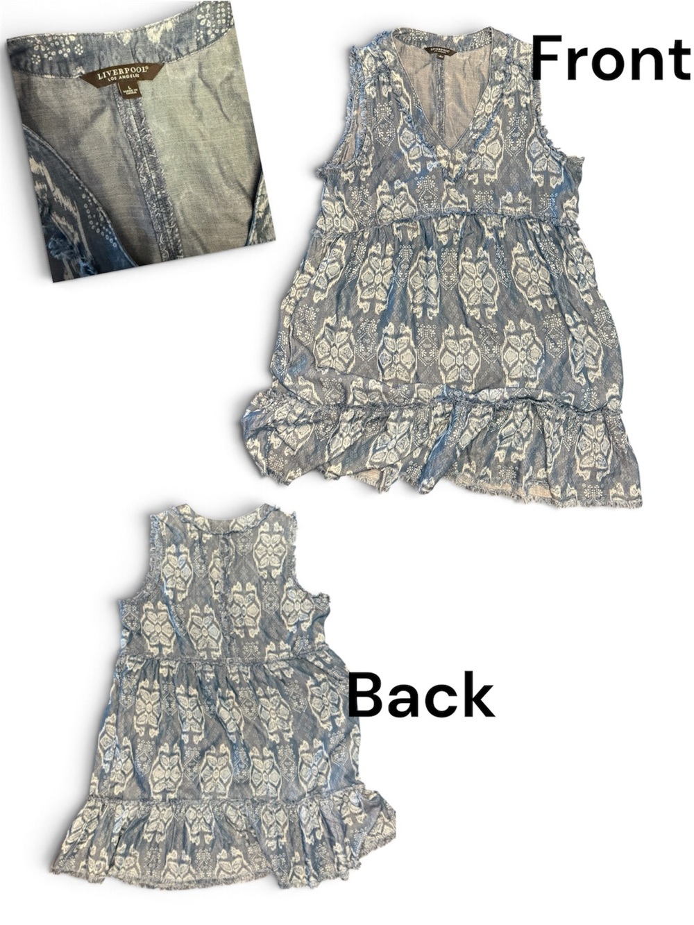 Liverpool Womens size large Blue and White Printed Ruffled Tank Dress